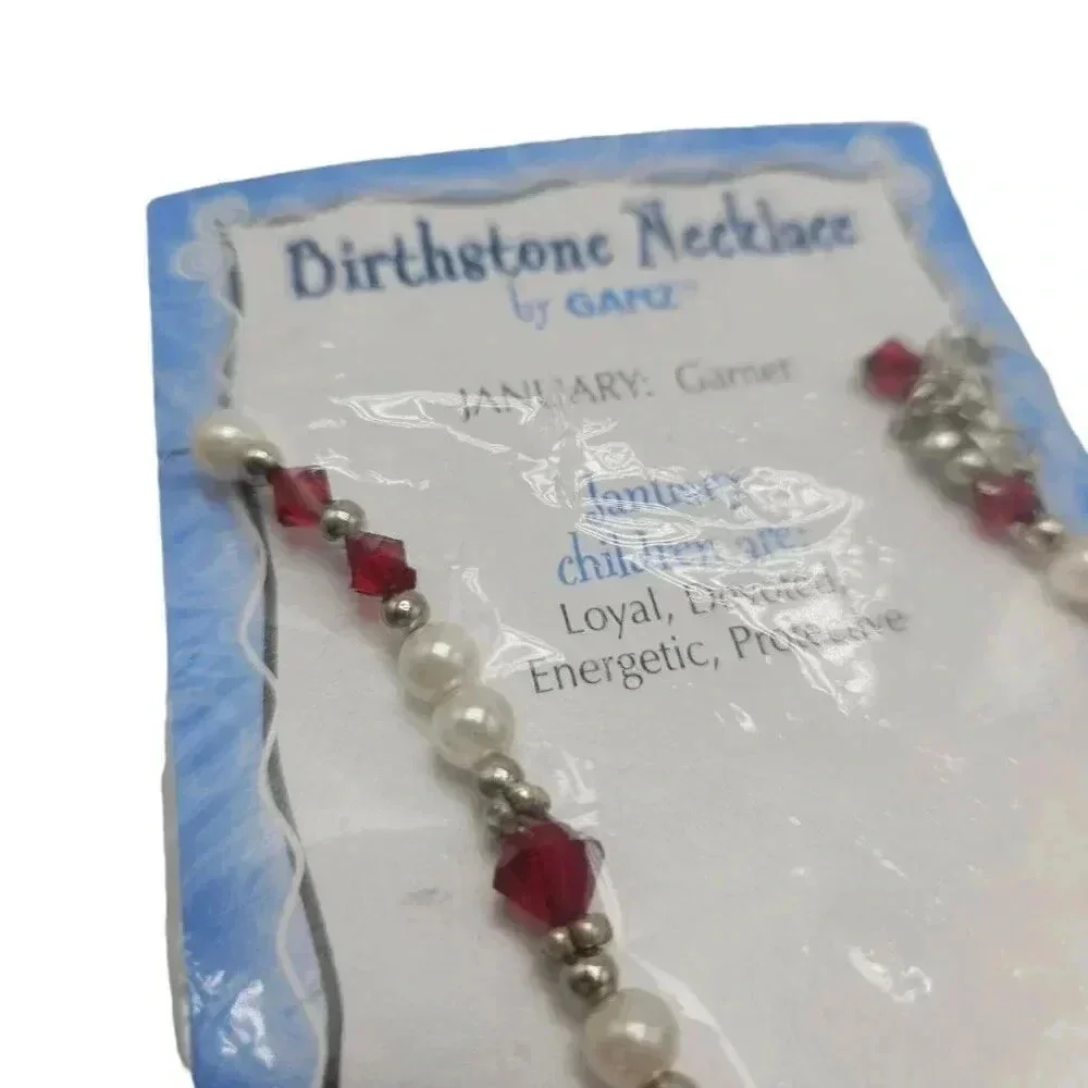Kids Ganz Faux Pearl Beaded January Birthstone Garnet Necklace Silver Tone